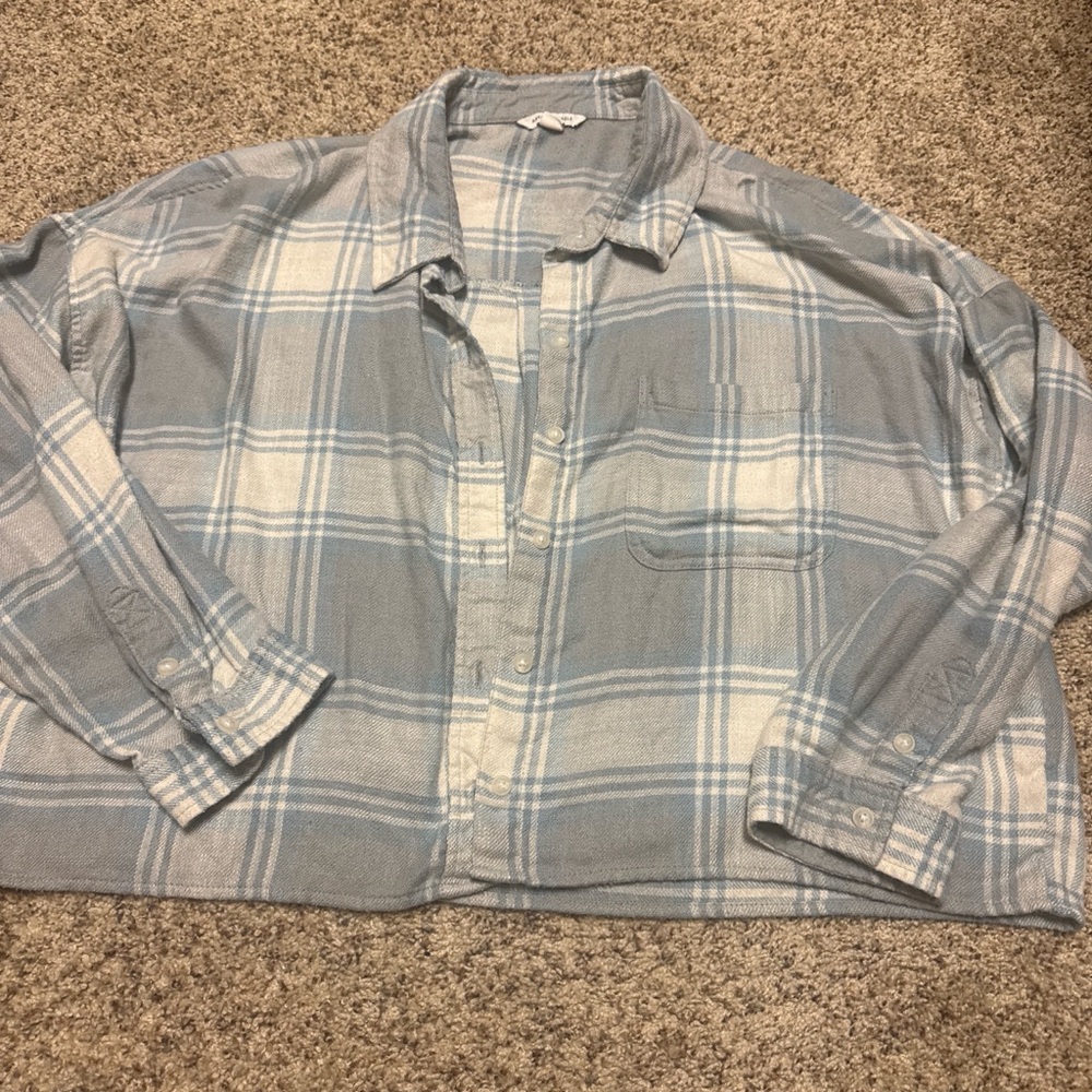 American Eagle Outfitters Light Blue and White Plaid Shirt